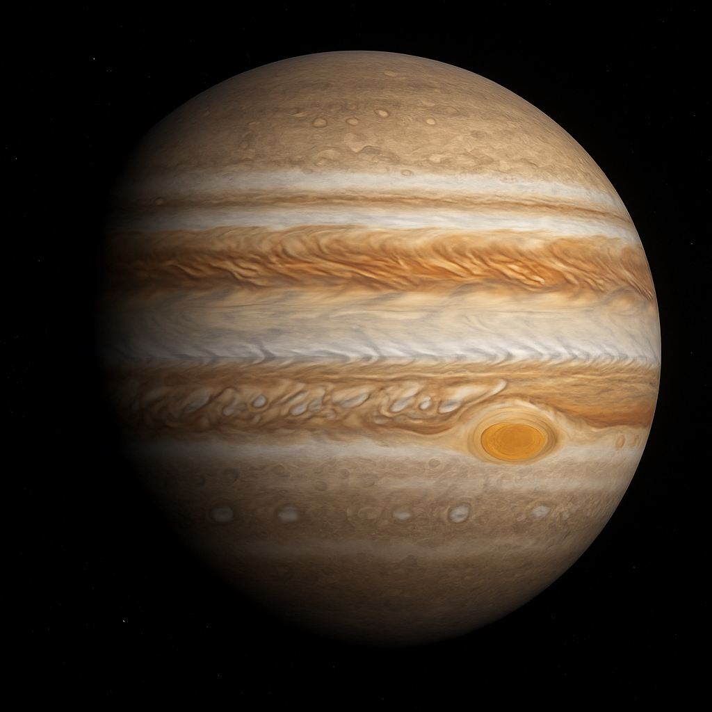 The planet Jupiter with its banded clouds and Great Red Spot