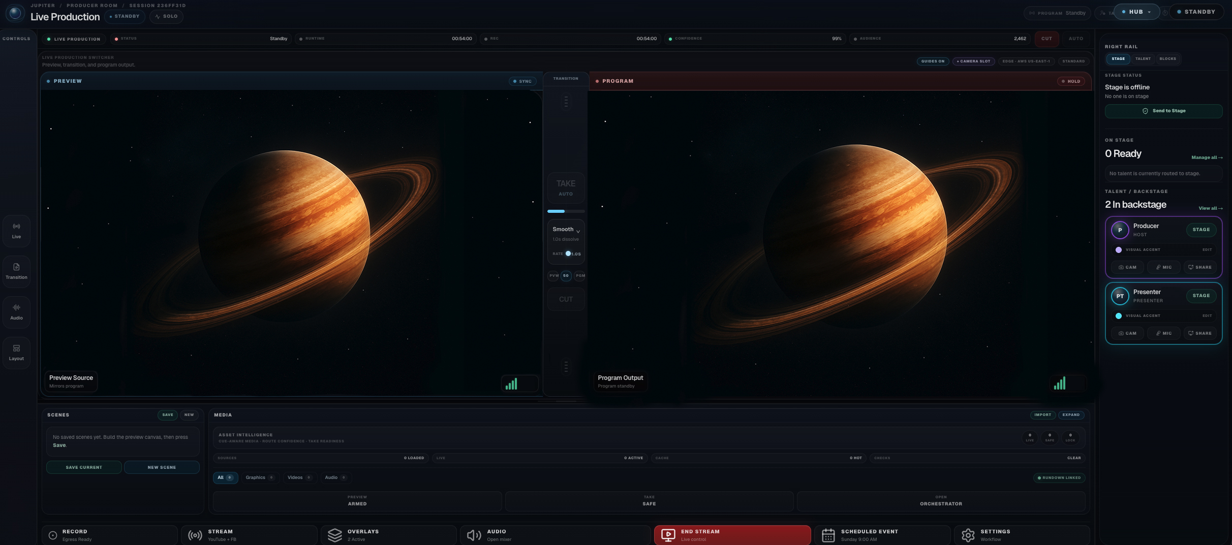 Jupiter live production control room showing dual preview and program monitors with a ringed planet, a transition switcher, talent backstage panel, and scene and media controls